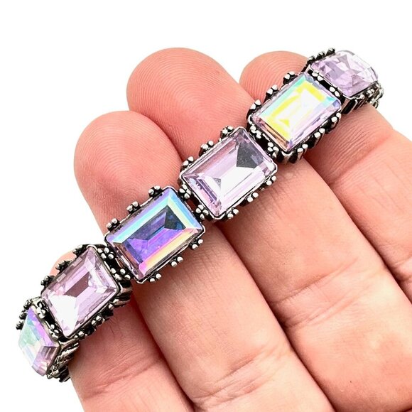 Kirks Folly Womens Bracelet Aurora Borealis Crystals Silver Tone Stretch Design - Picture 3 of 4